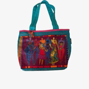 Turquoise Vintage Authentic Laurel Burch "Join Hands" Medium Tote Bag